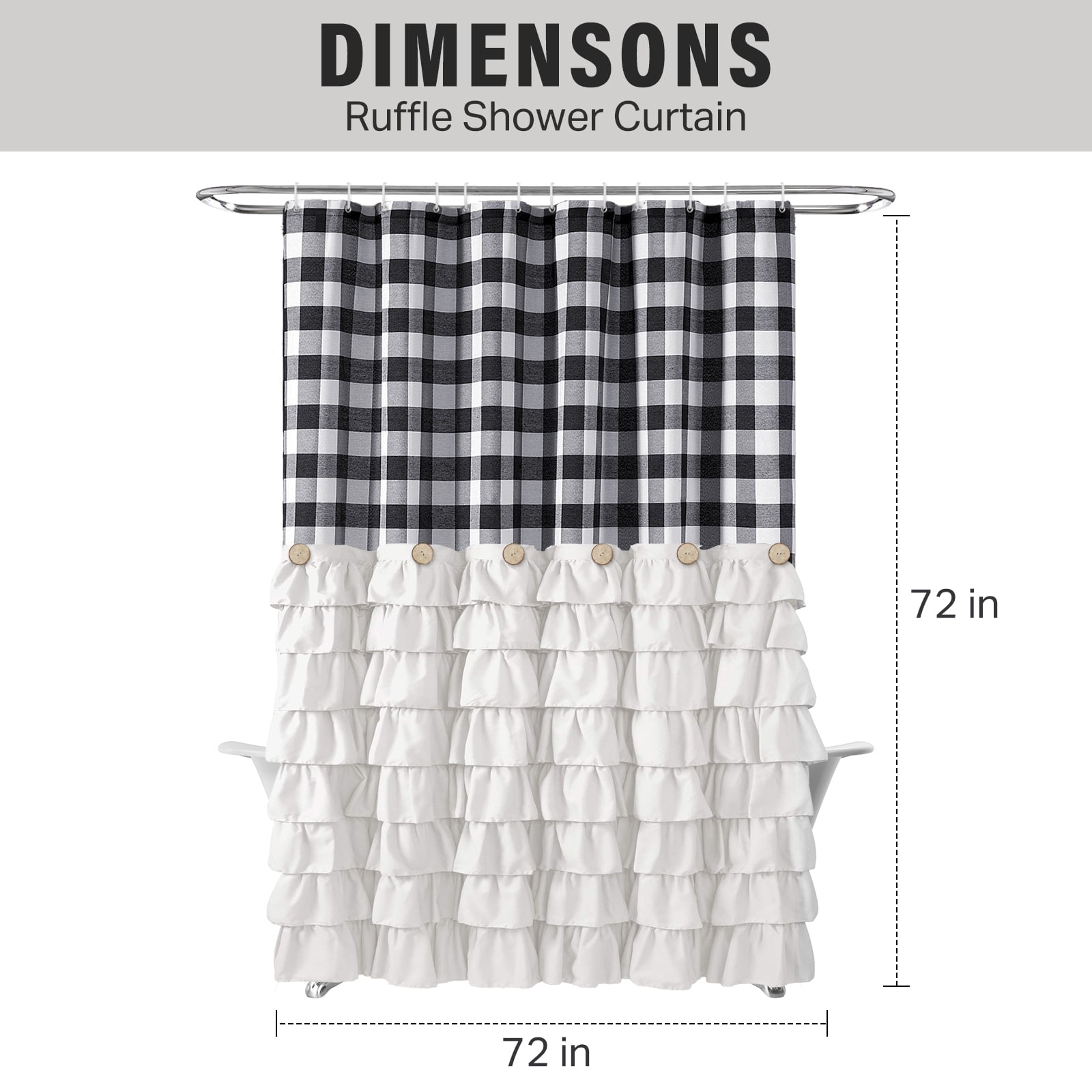 Farmhouse Shower Curtain Black and White Buffalo Plaid Pattern Fabric with Buttons & White Ruffles 72"x72"