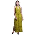 thumbnail image 1 of Bimba Leaves Ladies Crew Neck Waist String Print Maxi Dress with Side Slits Summer Wear-Large, 1 of 6