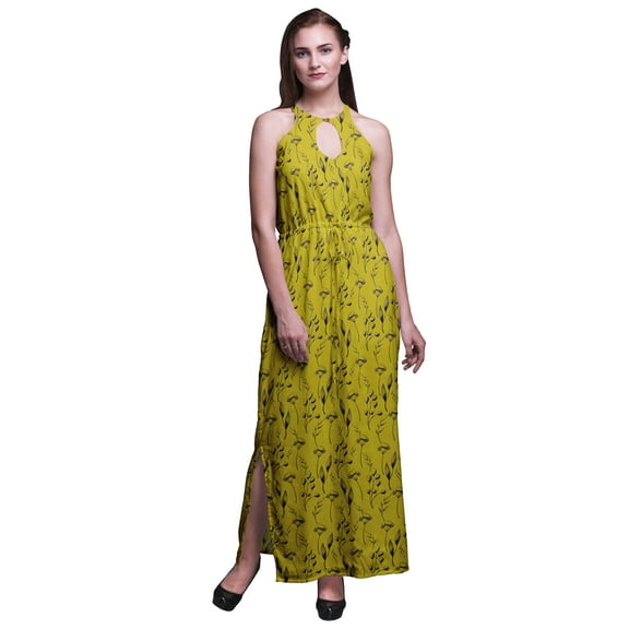 Bimba Leaves Ladies Crew Neck Waist String Print Maxi Dress with Side Slits Summer Wear-Large