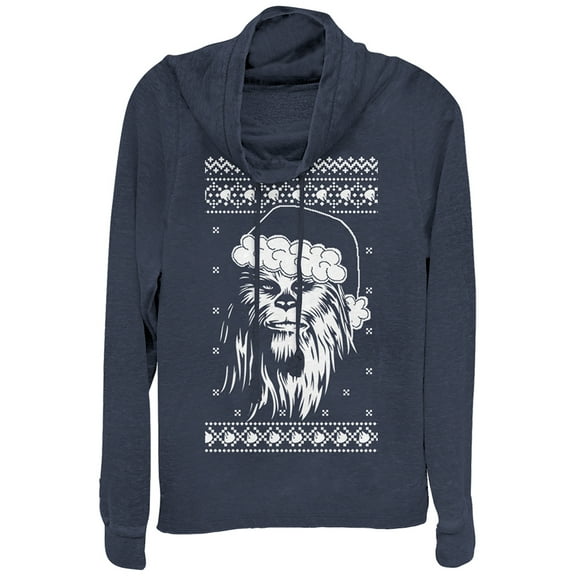 Junior's Star Wars Ugly Christmas Chewie Santa Cowl Neck Sweatshirt Navy Blue X Large