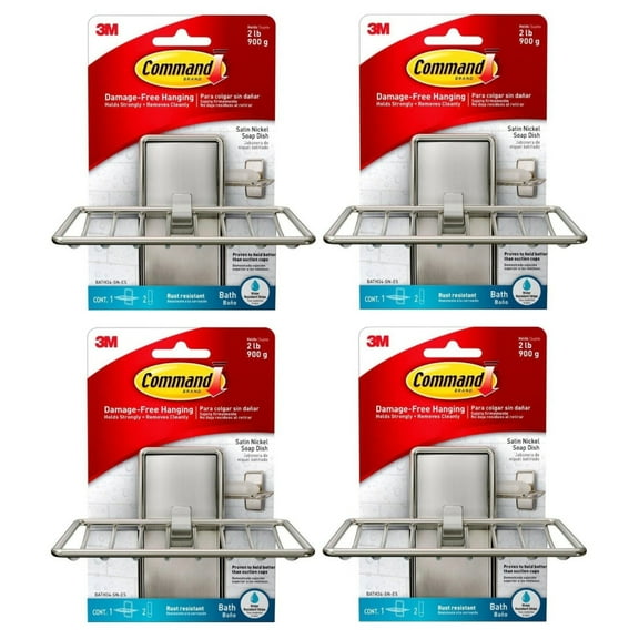3M BATH34 Command Bath Soap Dish Holder Adhesive Holds 2lb Satin Nickel, 4-Pack