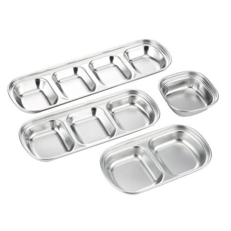 

4 Pcs Dipping Sauce Dish Set Stainless Steel Condiment Dishes Sub-Grid Seasoning Dishes Appetizer Snacks Bowl Kitchen BBQ Restaurant