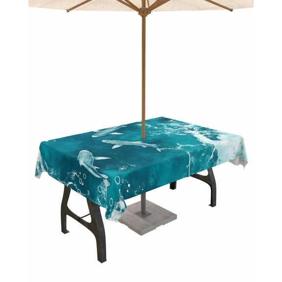 Fsddascl Teal Green Ocean Shark Outdoor Tablecloth - 54x80 Inch Rectangle Dining Table Cover, Coastal Wave Summer Beach Waterproof Outdoor Table Cloth with Umbrella Hole & Zipper for Picnic/Patio