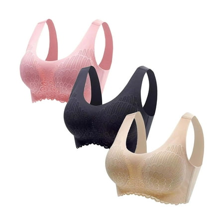 3-Pack Sports Bras for Women Solid Lace Pattern Casual Sticky Bra No Rims Breathable Softy Nursing Bra Vest Elegant Fitted Bras(Pink+Black+Wheat 2XL)