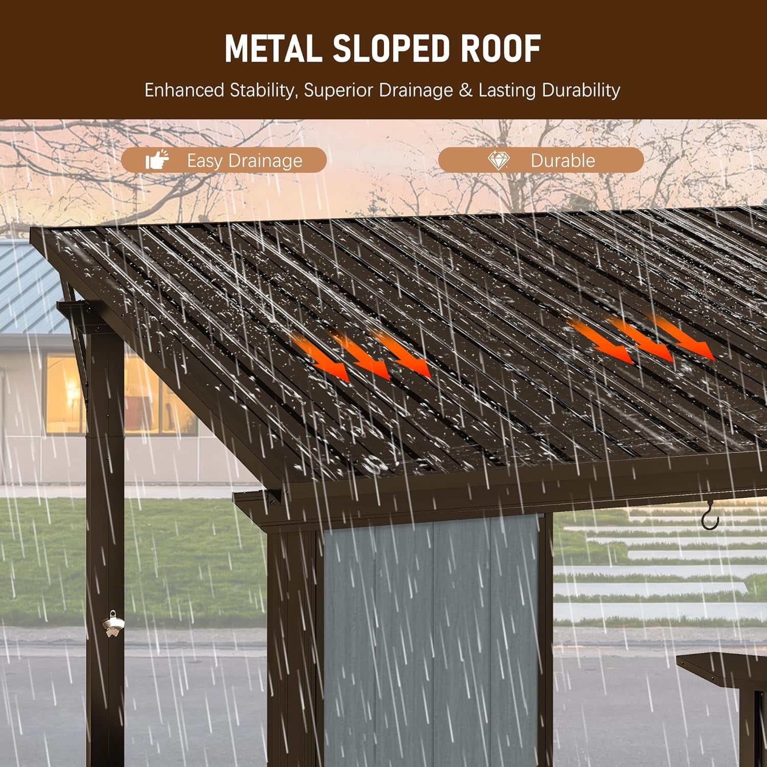 Domi 9x10 ft Hardtop Grill Gazebo, Metal BBQ Gazebo with Shelves and Side Platforms, Heavy-Duty Grill Canopy with Sloped Roof for Patio & Backyard, Brown