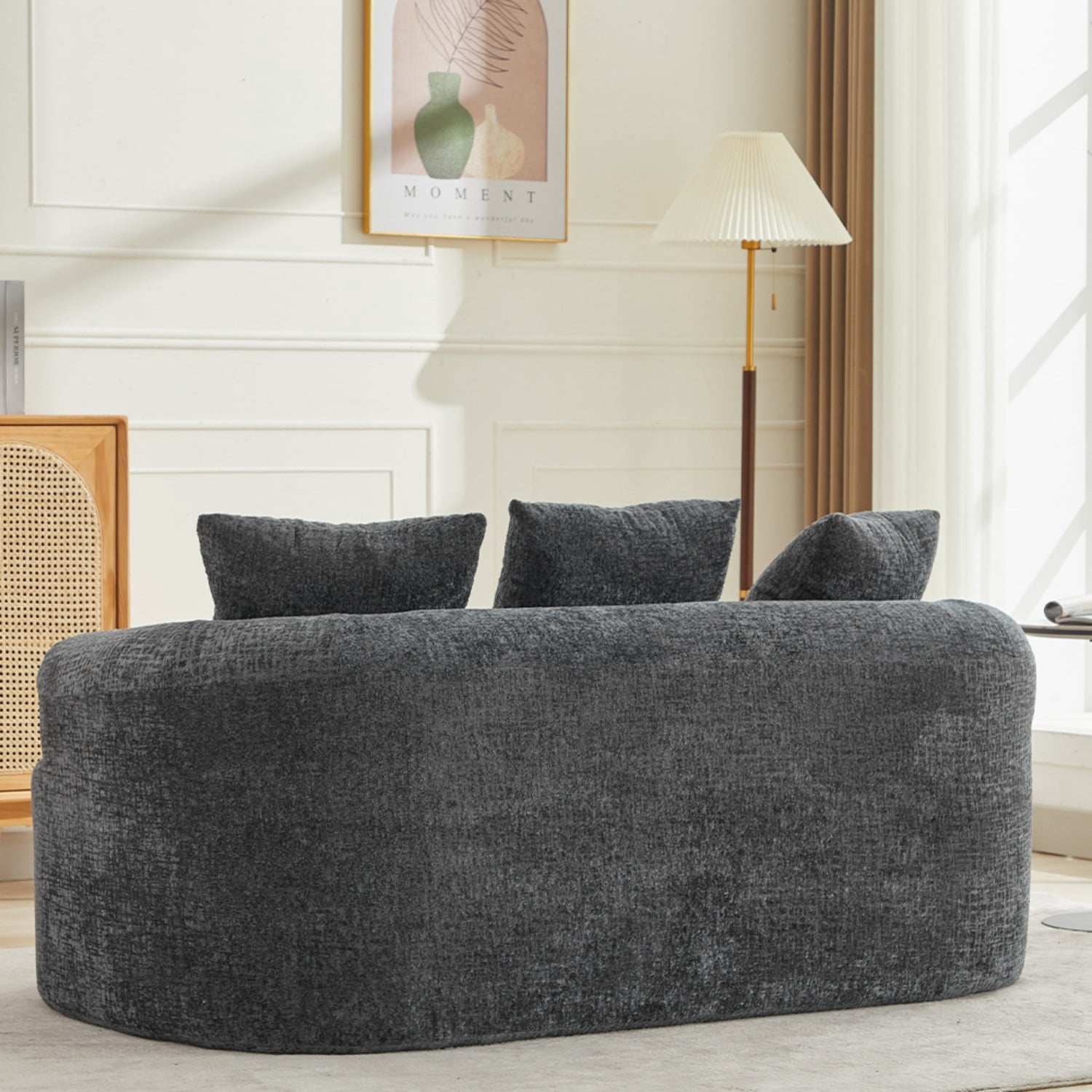 Curved Loveseat Sofa Chenille Upholstered Deep Seat 2 Seater Couch with 3 Pillows No Assembly Required for Apartment Living Room Bedroom, Grey