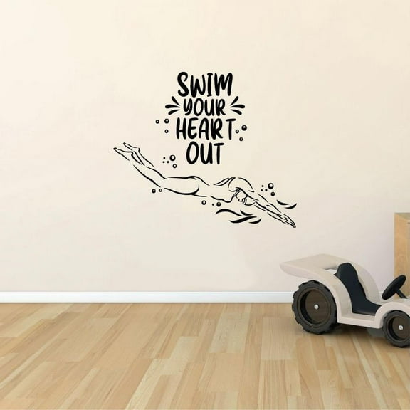 Swim Your Heart Out Motivation Quote Professional Player Silhouette Swimming Player Vinyl Wall Sticker Art Decal Swimming Sports Boys Girls Kids Room Design Bedroom Swimming Sports Size (20x20 inch)