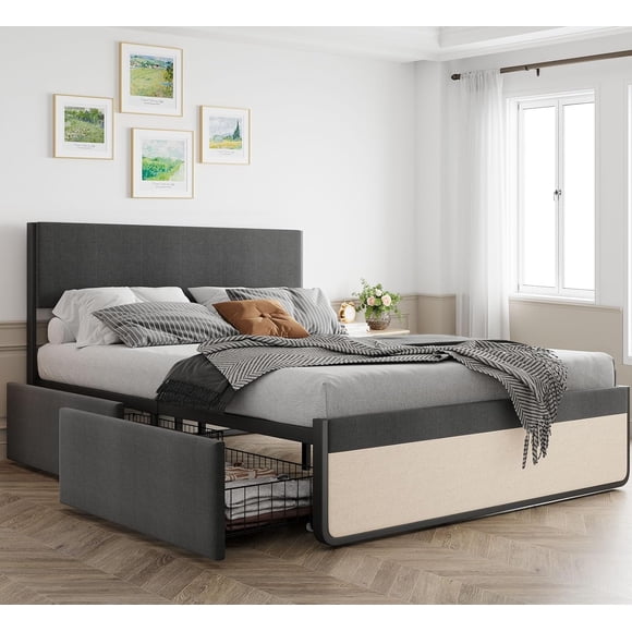 Queen Bed Frame with Storage Drawers, Upholstered Platform Bed Frame with Metal Slats Support, Under Bed Storage Mattress Foundation, No Box Spring Needed, Noise Free, Easy Assembly