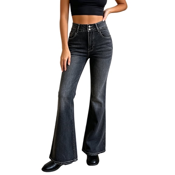 Women's Wide Leg Pants with Pockets Retro Elastic Jeans High Waisted Casual Pants