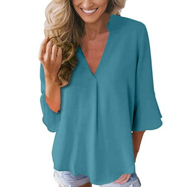 women blouses summer cotton blouse solid color leisure hollow O-neck 3/ ...