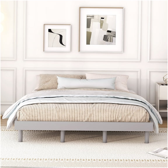 Modern Platform Bed Frame, Queen Size with Headboard, Grey Wood Support, No Box Spring Needed, Easy KD Assembly