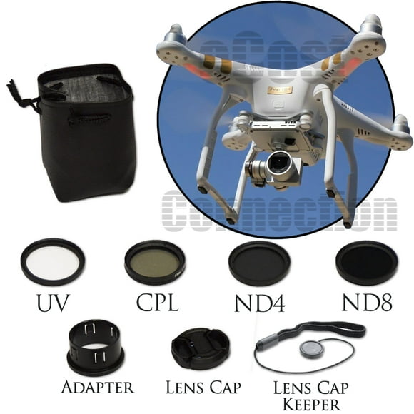 Kit de Filtre 37MM pour Drones DJI Fantome 3 Series. Kit Comprend: CPL, ND4, ND8, UV, Bouchon d'Objectif, Bouchon + Tissu en Microfibre eCostConnection