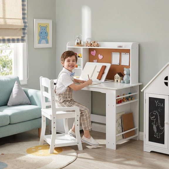 White Kids Desk and Chair Set, Wooden Study Table with Hutch and Storage Shelf, Bulletin Board, Children School Learning Desk Set, Writing Table for Boys and Girls