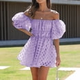 thumbnail image 2 of weeloloe Summer Dress Clearance Summer Dresses for Women 2024 Casual Short Puff Sleeve Strapless Loose Ruffle Sundress Swing Solid Color Hem Daily Vacation Beach Mini Dress Purple L, 2 of 7