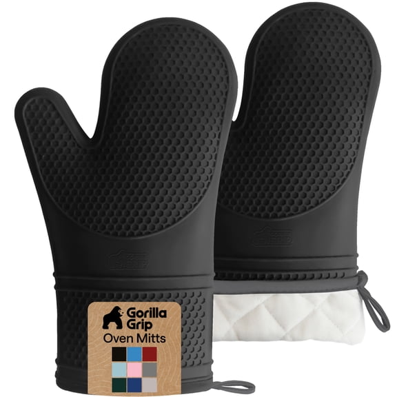 GORILLA GRIP Heat Resistant Durable Silicone Oven Mitts, BPA-Free Protective Grilling Potholders, Soft Cotton Lining, Flexible Waterproof Cooking Mitt Set, Kitchen Home Essentials, 12.5x8.3, Black