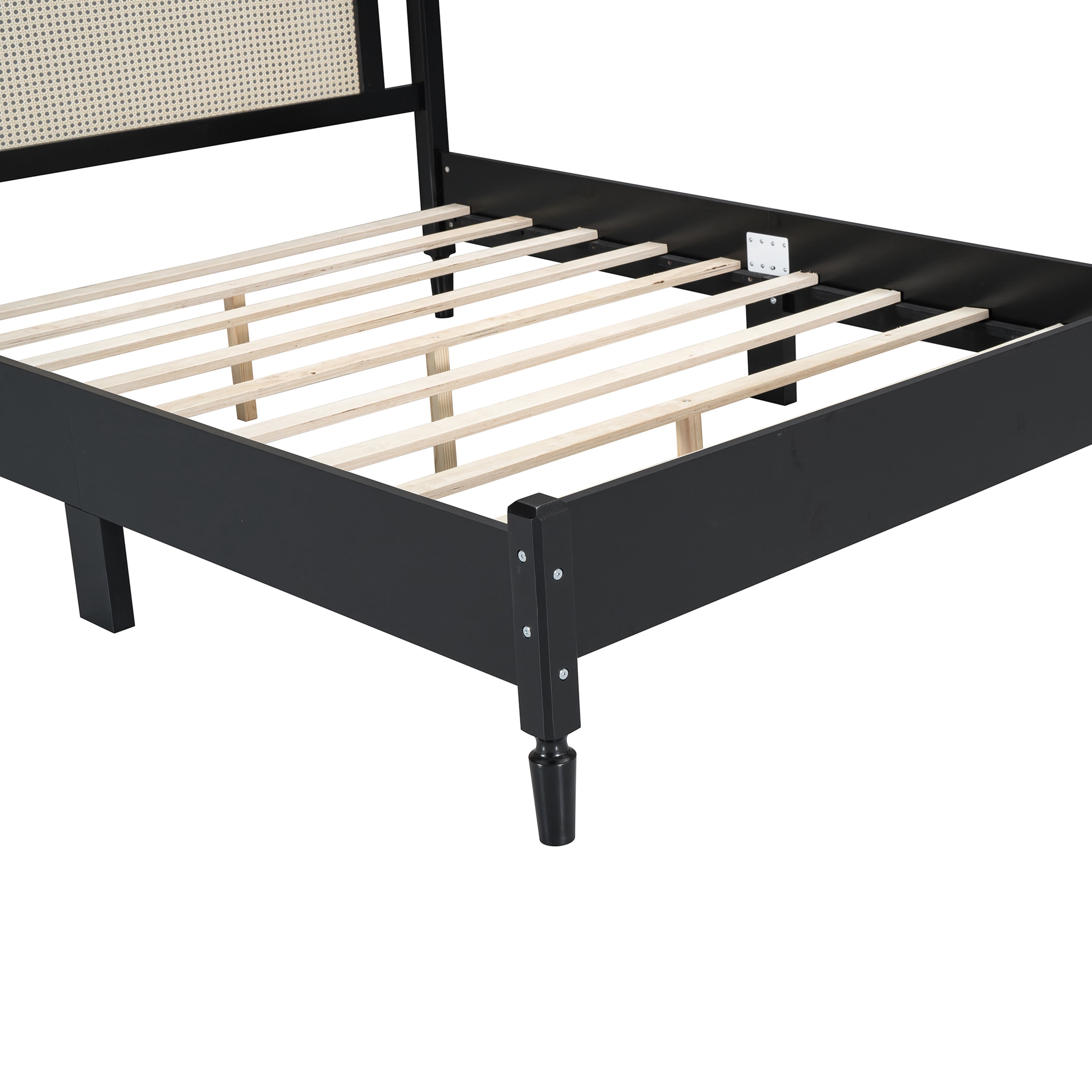 Euroco Wood Queen Size Platform Bed with Rattan Headboard for Living Room, Black
