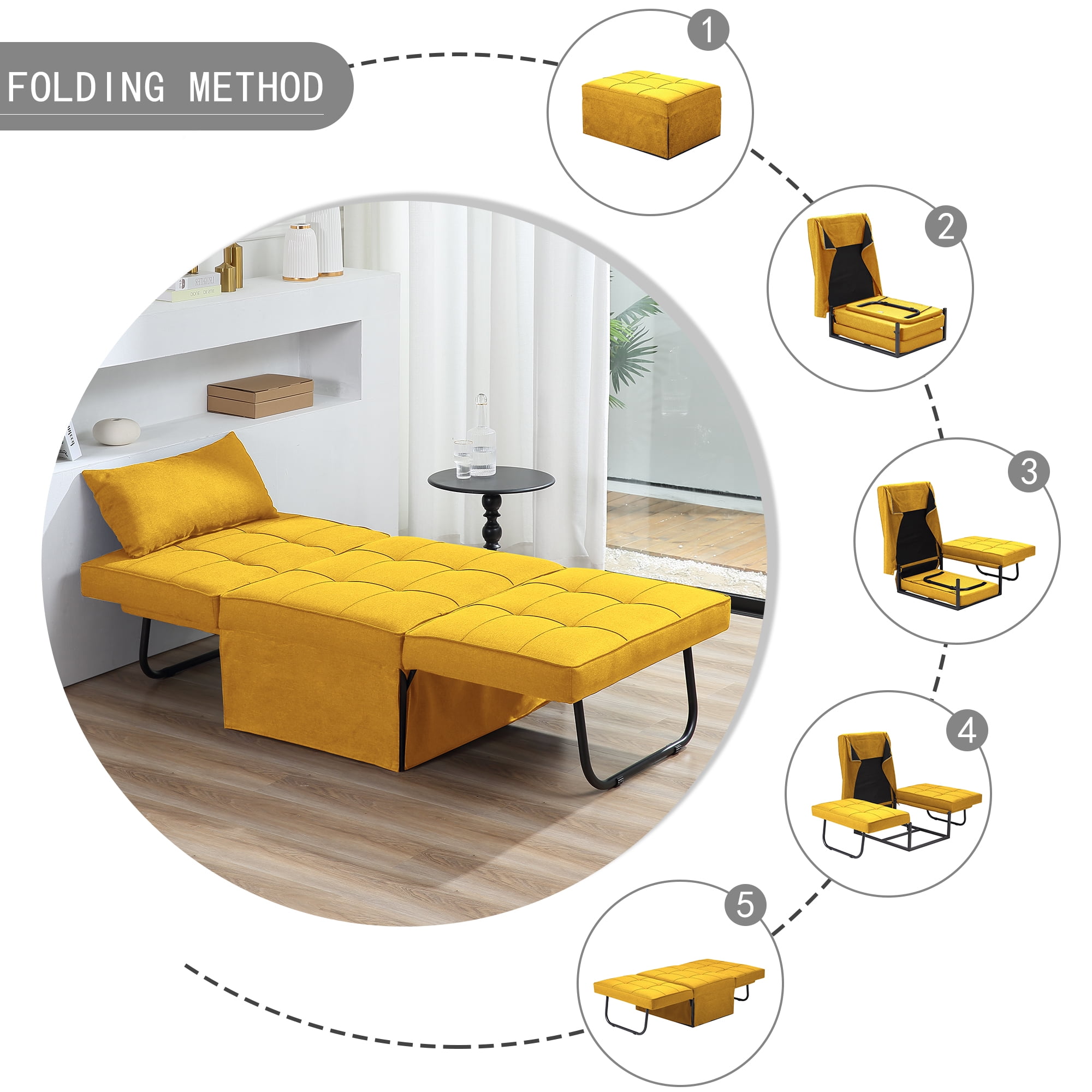 BIGSYY 4-in-1 Multi-Function Folding Ottoman Velvet Couch Bed - Adjustable Backrest for All Ages, Ideal for Living Room, Apartment & Office, Yellow