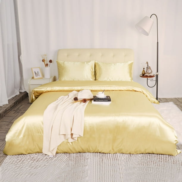 Unique Bargains Silk Satin 3 Piece Bedding Duvet Cover And Pillow Sham Set Gold Tone Queen Com 3 Piece Bedding Duvet Cover, Gold Satin Bedding