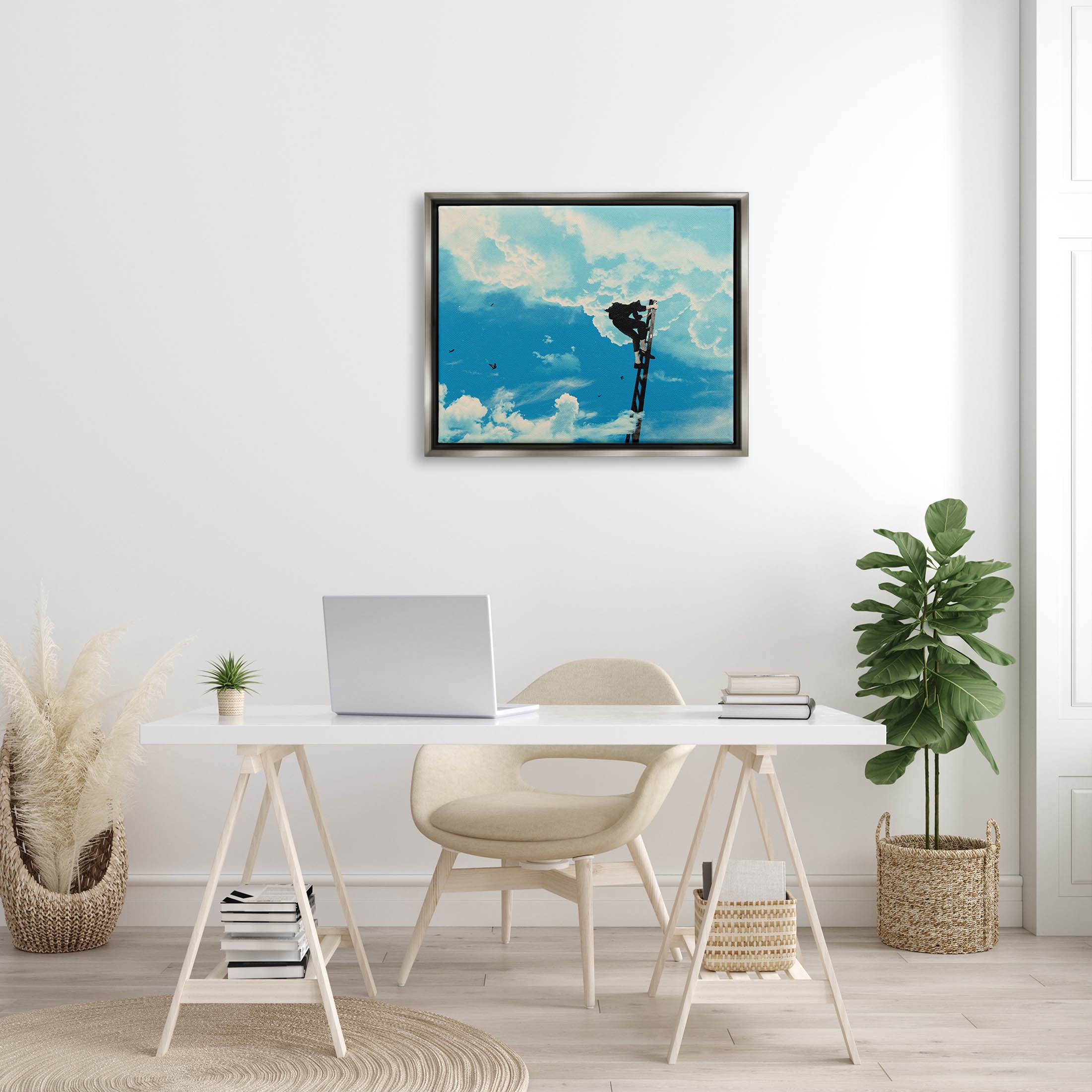 Stupell Industries Climbing Ladder Into Clouds Concept Graphic Art Luster Gray Floating Framed Canvas Print Wall Art, Design by Matheus Lopes Castro