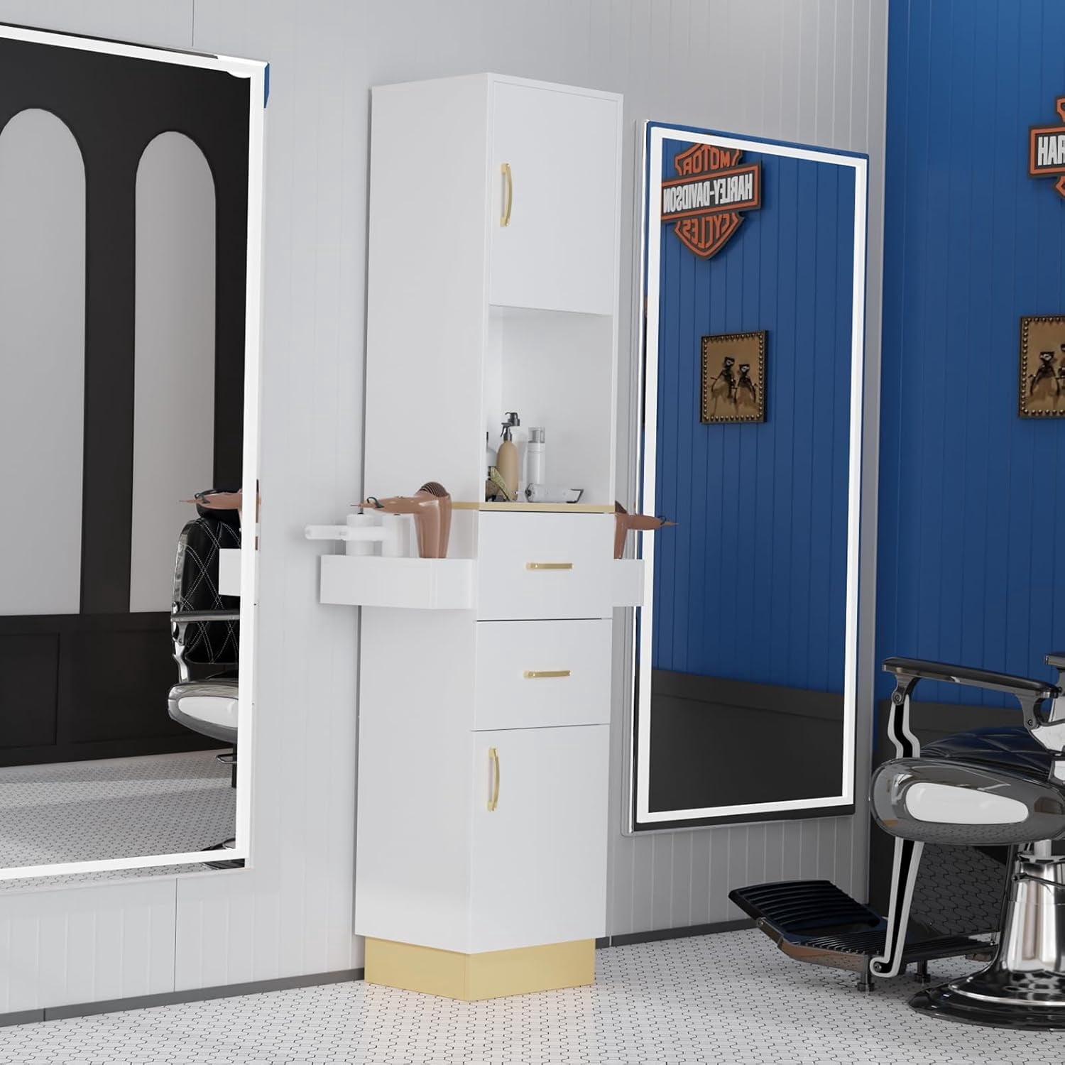 Katxon Salon Storage Station with 2 Storage Cabinet, 2 Drawers, White