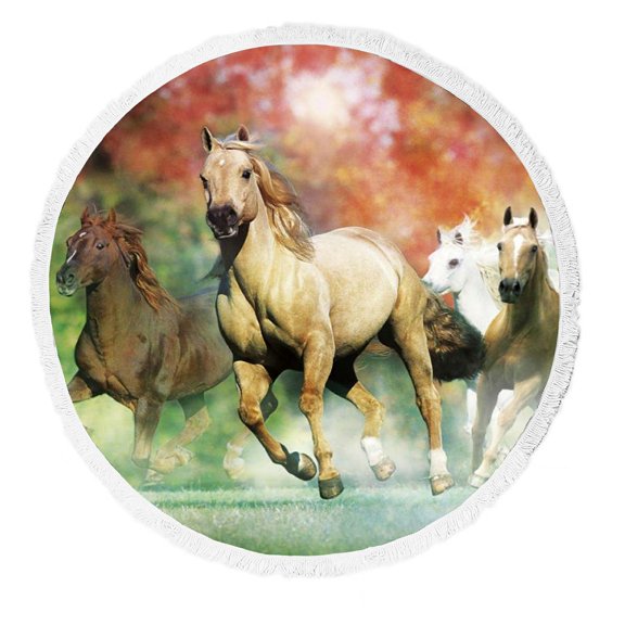 ZKGK Running Horse Round Beach Towel Beach Mats Beach Shawl Beach Blanket with Tassels Beach Throw Towel Yoga Mat