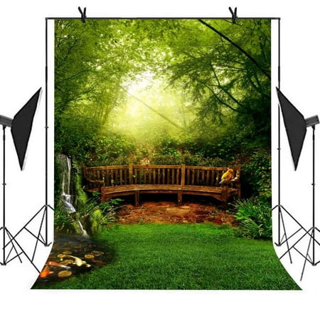 GreenDecor Polyster 5x7ft Park Landscape Photography Backdrop Green Forest Grass Wooden Chair Fish Sunshine Background Photo Booth Studio Props Party Curtain