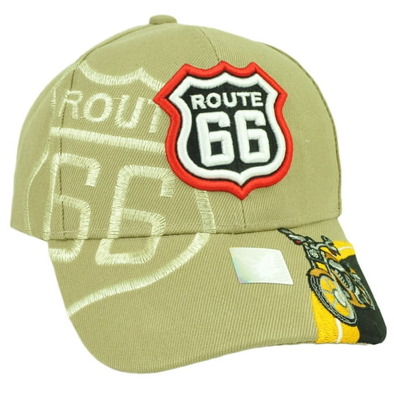 Route 66 USA First Highway Road Motorcycle Khaki Cruising Hat Cap Historic Old