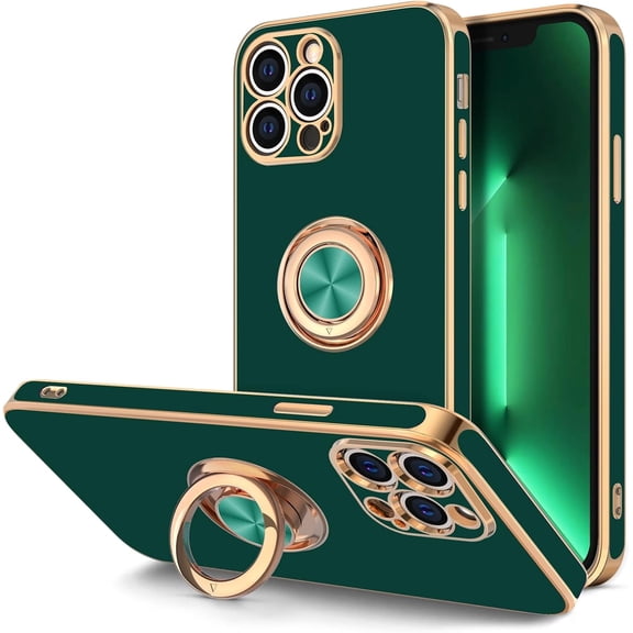 for iPhone 13 Pro Case with Ring Holder Stand Magnetic Kickstand, [Soft Microfiber Lining] Plating Rose Gold Soft TPU Bumper Camera Protection Shockproof Protective Phone Cases, Midnight Green