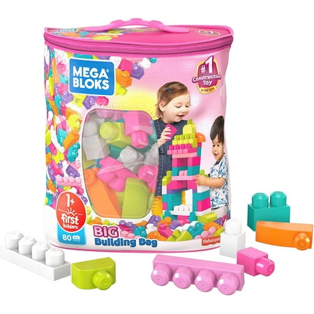 Mega Bloks First Builders Big Building Bag with Big Building Blocks, Building Toys for Toddlers (80 Pieces) - Pink Bag