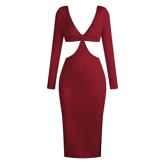 New Womens Dresses Solid Color Women'S Fashion Sexy V-Neck Long-Sleeved Open-Waist Open-Back Dress Tight Hip Skirt