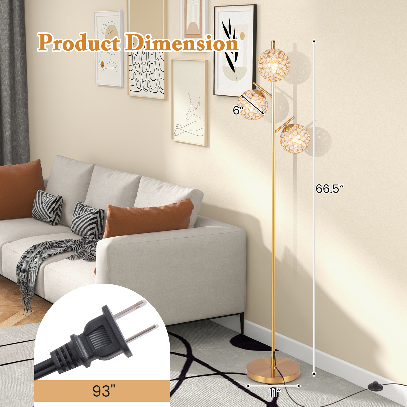 Giantex 3 Globe Floor Lamp, Gold Standing Lamp w/Acrylic Crystal Lamp Shade, Accent Tall Pole Tree Lamp