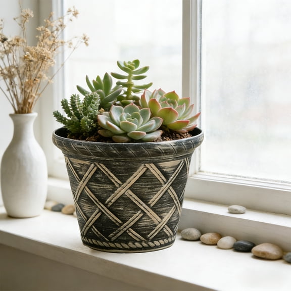 9 Inch Plastic Flower Pot, Large Thickened Planter with Roman Rattan Design, Decorative Container for s, Vegetables, and Bonsai, Indoor Outdoor Use for Balcony Garden