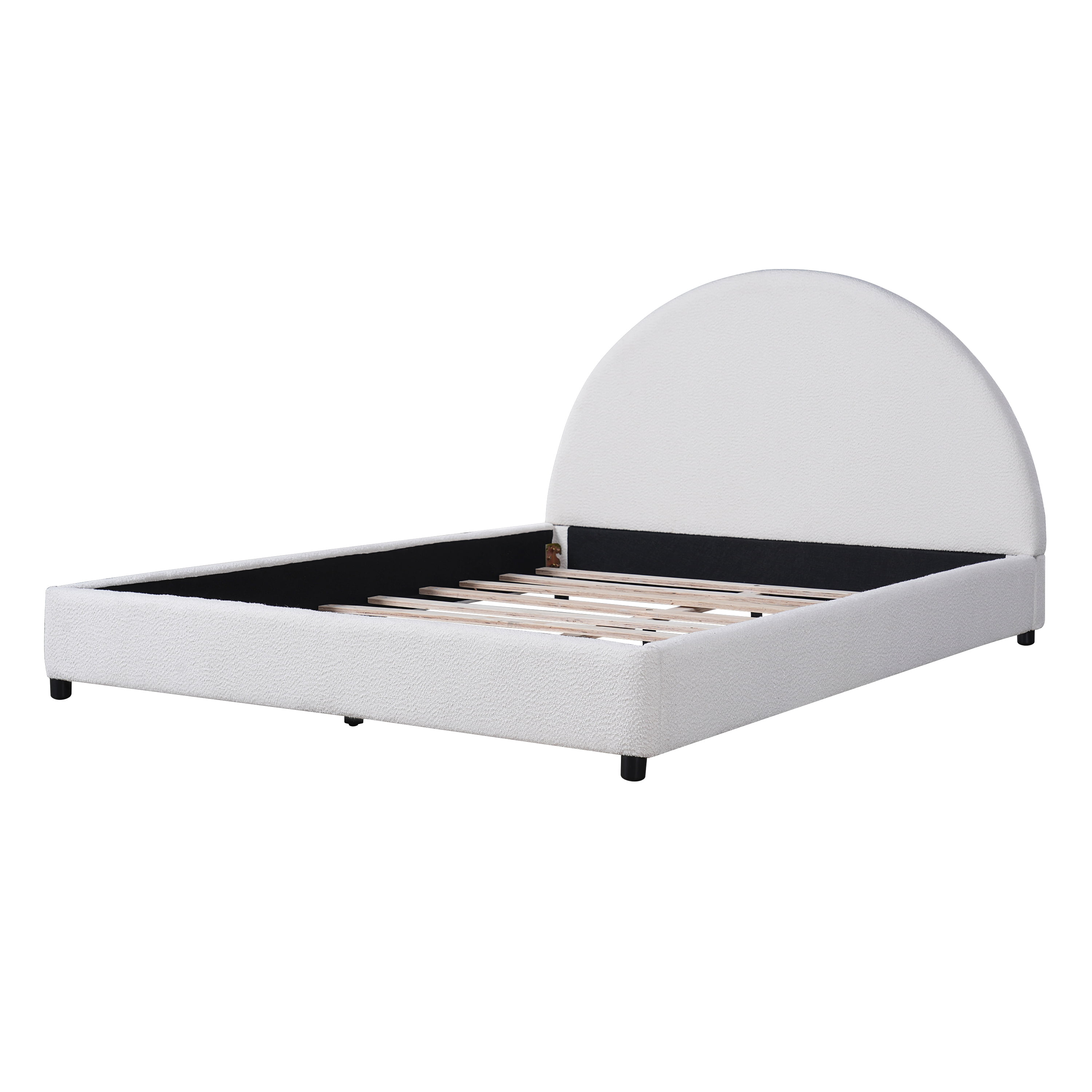 Queen Size Bed Frame with Boucle Upholstered Round Curved Headboard, Platform Bed with Wood Slats for Bedroom, White