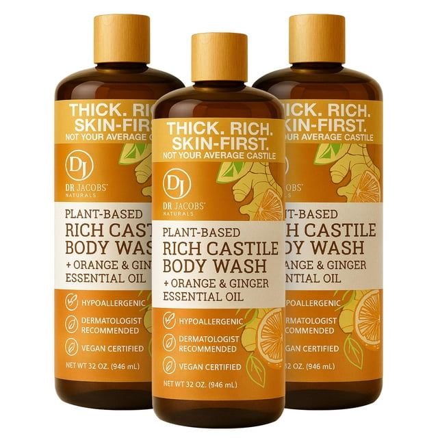Dr. Jacobs Naturals Pure Castile Soap Liquid Body Wash Naranja y Jengibre - Jabón natural con vitamina E y aloe vera para hidratar la piel seca y sensible - Hecho en los EE. UU. - 32 oz Paquete de 3