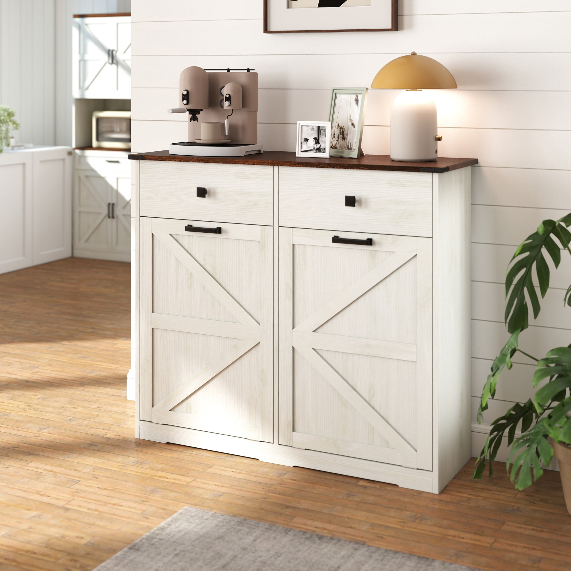 Leumius 20 Gallon Farmhouse Double Tilt Out Trash Cabinet, Free Standing Recycling Cabinet with Hideaway Drawer, Barn Door Style Laundry Sorter Cabinet, Tilt Out Trash Cabinet for Kitchen White