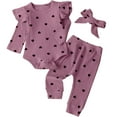 thumbnail image 2 of Dakiuu 0-18 Month Baby Girls Heart Ruffle Long Sleeve Pants Set Valentines Day Fall Winter Ribbed Bodysuit Clothes Infant Newborn Romper Jumpsuit Clothing Outfit with Headband 3-Pieces Purple 12-18M, 2 of 8