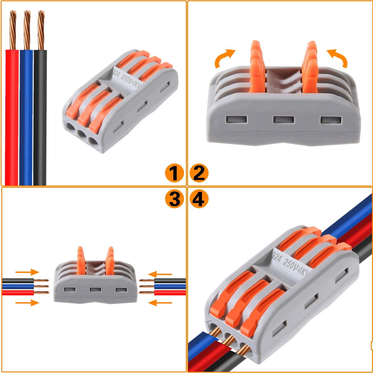 25pcs Conductor Compact Connectors Lever Wire Nut Electrical Connectors with Fixed Base for 3 Circuit Inline Splices 28-12 AWG(The color of the fixed base is gray)