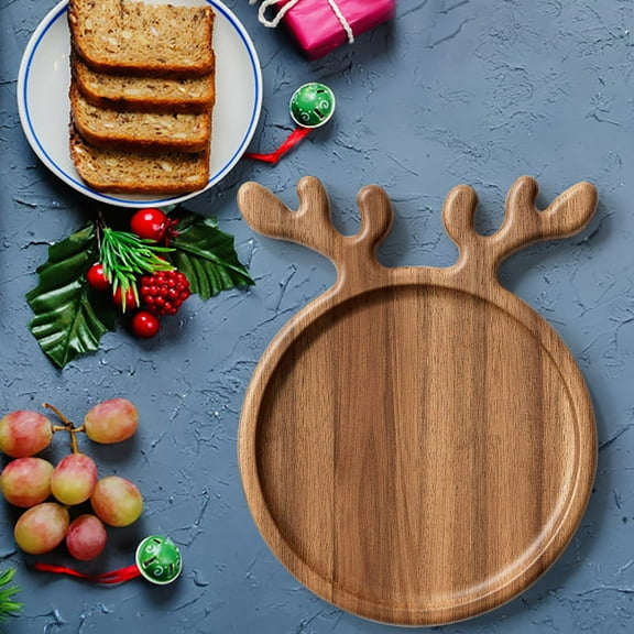 Christmas Antler Wood Tray Solid Wood Serving Platter Fruit Cheese Board Holiday Dinner Party Decor Festive Home Gathering Gift(A)