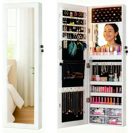 47"x14.4"Jewelry Mirror with Storage, Lockable Jewelry Armoire with 79 LED Lights and Drawers, Wall-Mount and Door-Hanging Mirror with Cabinet, White
