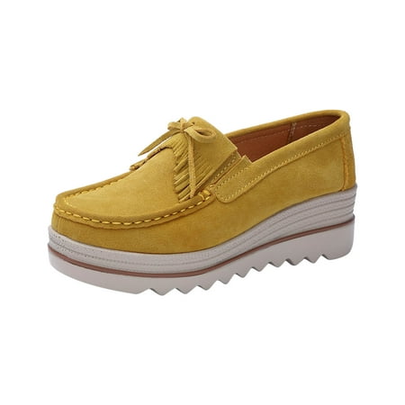 hopeusnice Clearance Women s Suede Loafers Slip On Wedge Platform Shoes Comfortable Breathable Bowknot Tassel Flatform Walking Shoes Yellow 42