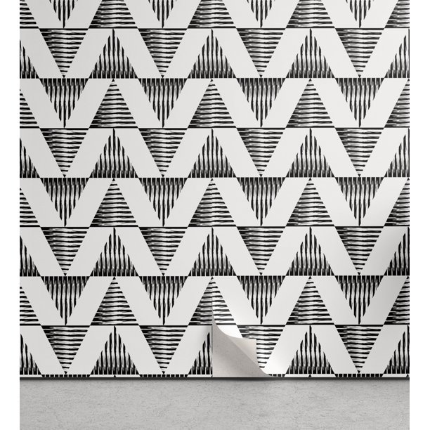 Black and White Peel & Stick Wallpaper, Striped Triangles up and down