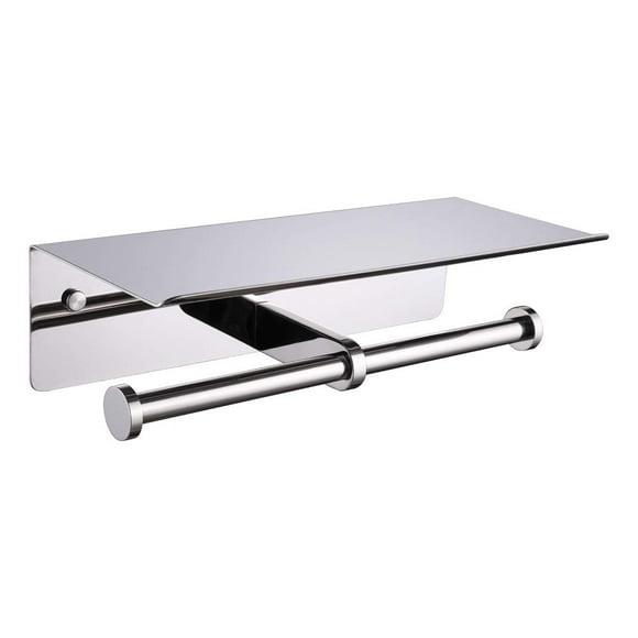 Double Toilet Paper Holder with Shelf Polished Chrome, APLusee SUS304 Stainless Steel Contemporary Bathroom Tissue Roll Holder Cell Phone Storage Rack