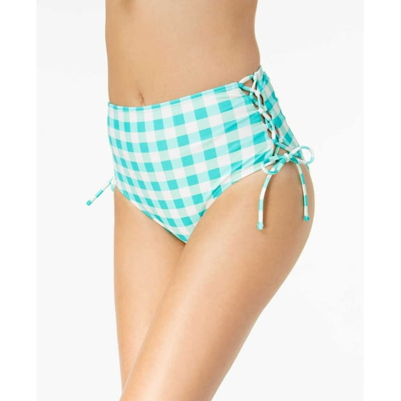 California Waves Check Please High-Waist Lace-Up Bikini Bottom (Light/Pastel Green, XL)