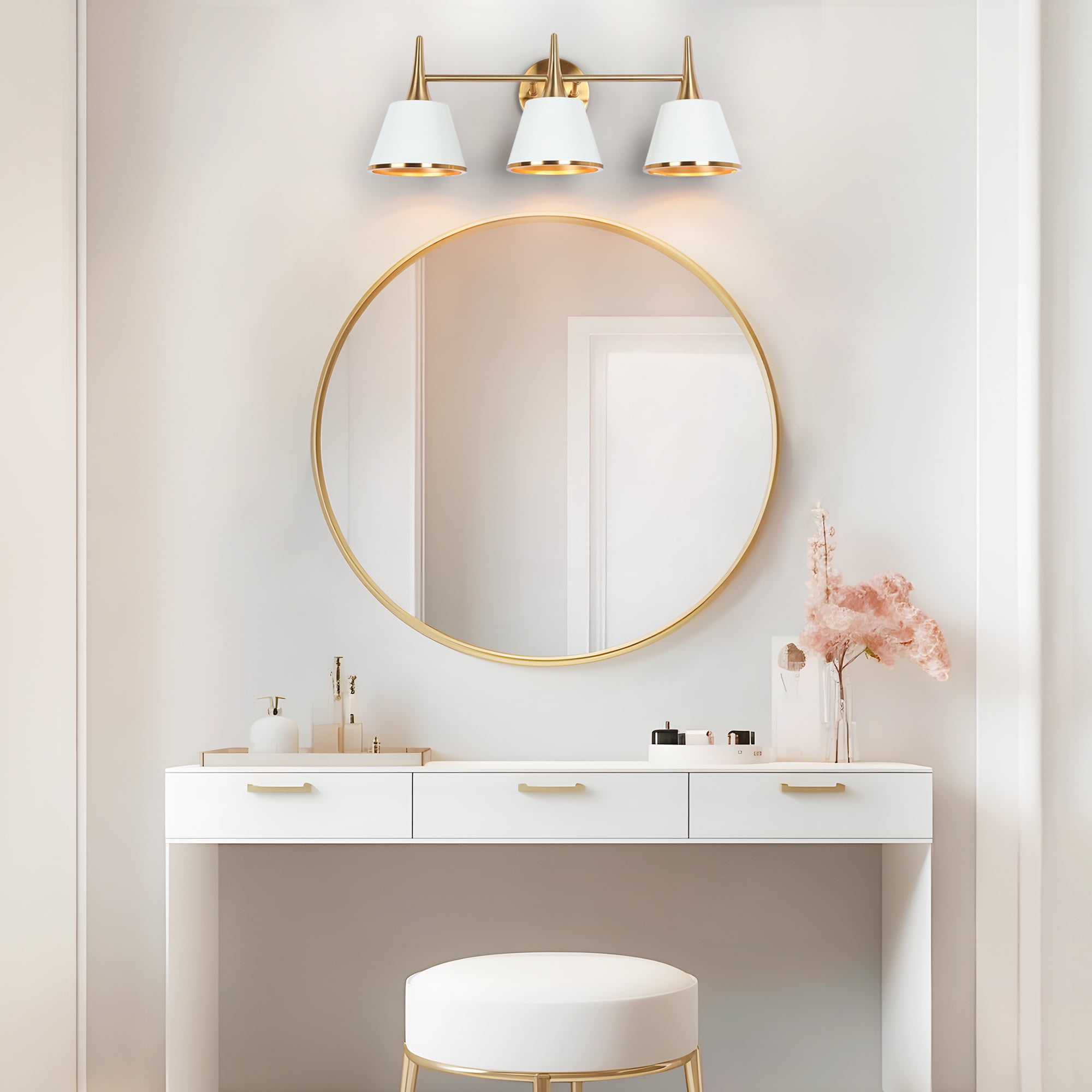LNC White & Gold 3-Light Bathroom Vanity Light with Cone Shades, Dimmable, 22.5" W