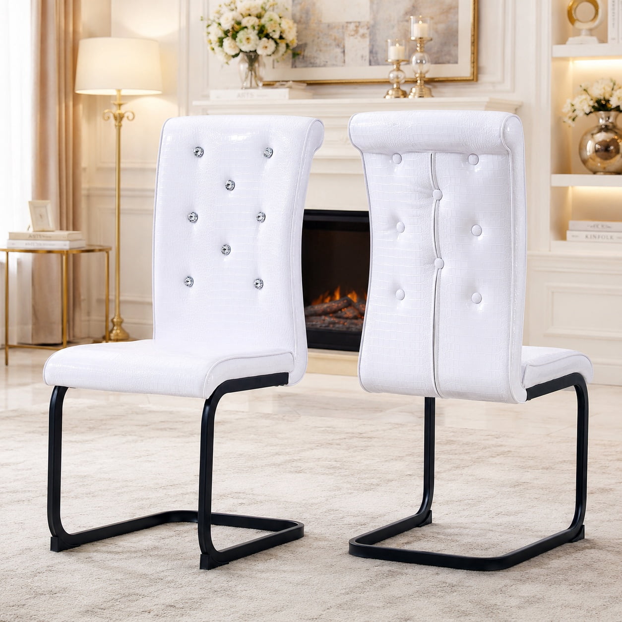 Aukfa Modern Dining Chairs Set of 2 , 400 lbs Heavy-Duty Faux Alligator Leather Kitchen Chairs with Crystal Button Tufted High Back,White