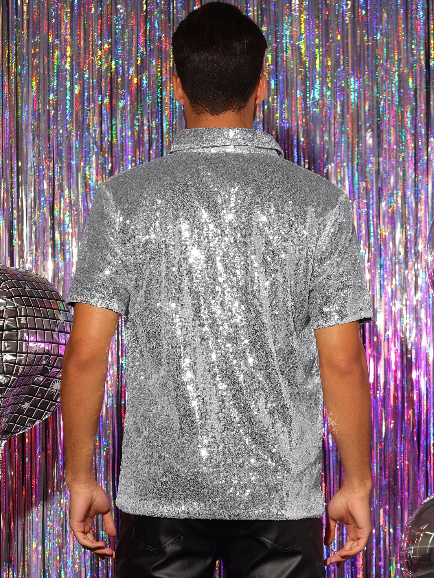 Unique Bargains Men's Sequin Polo Sparkle Short Sleeves Club Party Shiny Golf Shirts 2XL Silver