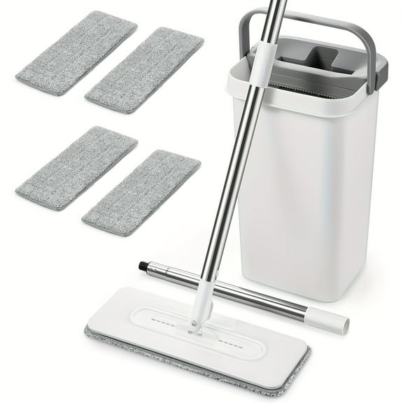 1 Set Hands-Free Mop And Bucket With Wringer Set, Flat Floor Cleaning System With 4 Washable Microfiber Pads, Dust And Dirt Removal, Wet And Dry Use, Spin Mop For All Floor Types And Windows