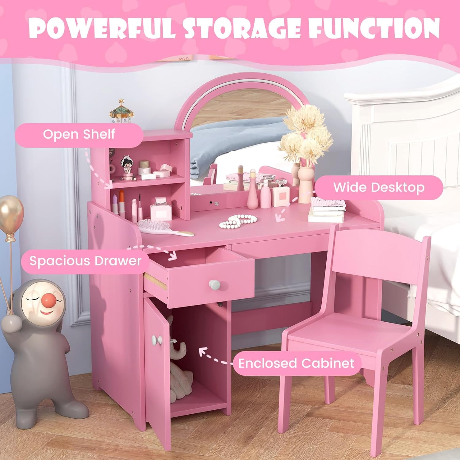 INFANS Kids Vanity, Princess Makeup Desk and Chair Set with Lights Mirror Drawer Storage Shelves, Wooden Dressing Table, Pretend Play Vanity Set for Toddler Girls