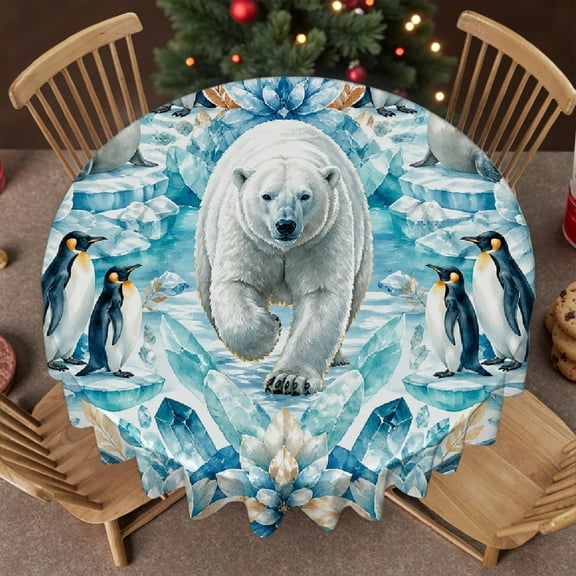 RKSupls Polar Bear Penguin Ice Pattern Soft Family Round Table Cover , Polyester Tablecloths - Festive Table Setting 60-Inch Round Tablecloth for Home Dining, Banquets