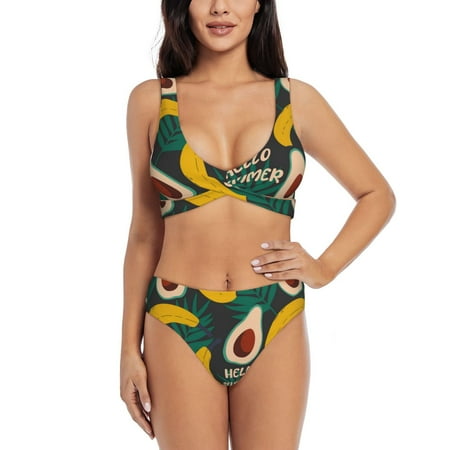 Zeuib Banana And Avocado High Waisted Tummy Control Bikini Set - Knot Front Push Up Top & Cheeky Thong Bottom  Two-Piece Swimsuit for Women-X-Large